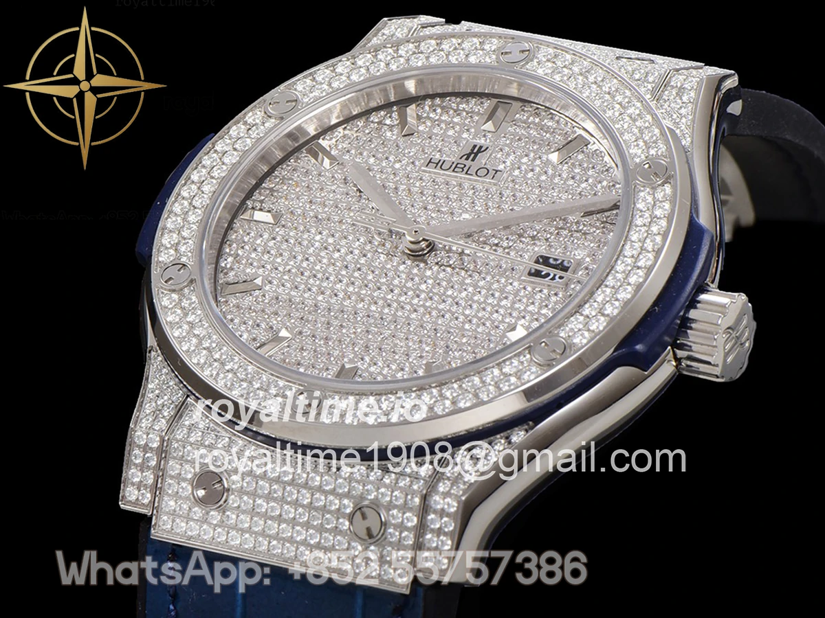 Hublot Classic Fusion Automatic 42mm Diamond Paved Dial in Steel on Blue Leather Strap - Image 7