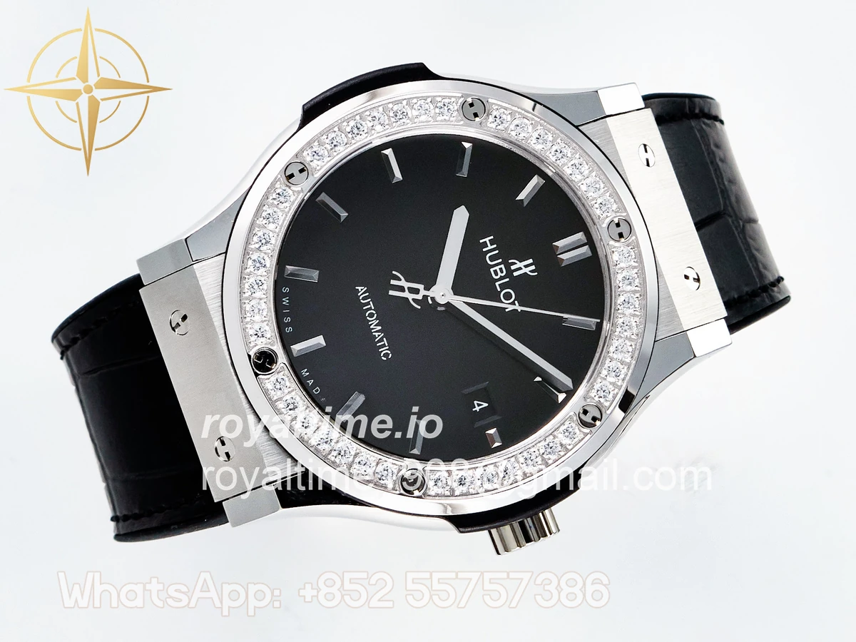 Hublot Classic Fusion Bang 42mm HBF Black Dial Diamonds Bezel on Black Leather Strap A2892 - Image 7