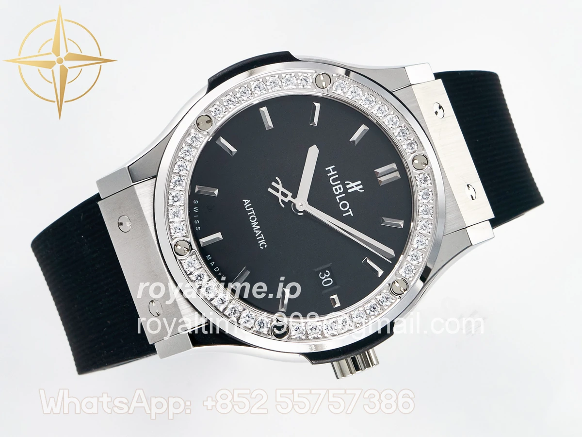 Hublot Classic Fusion Bang 42mm HBF Black Dial Diamonds Bezel on Black Rubber Strap A2892 - Image 7