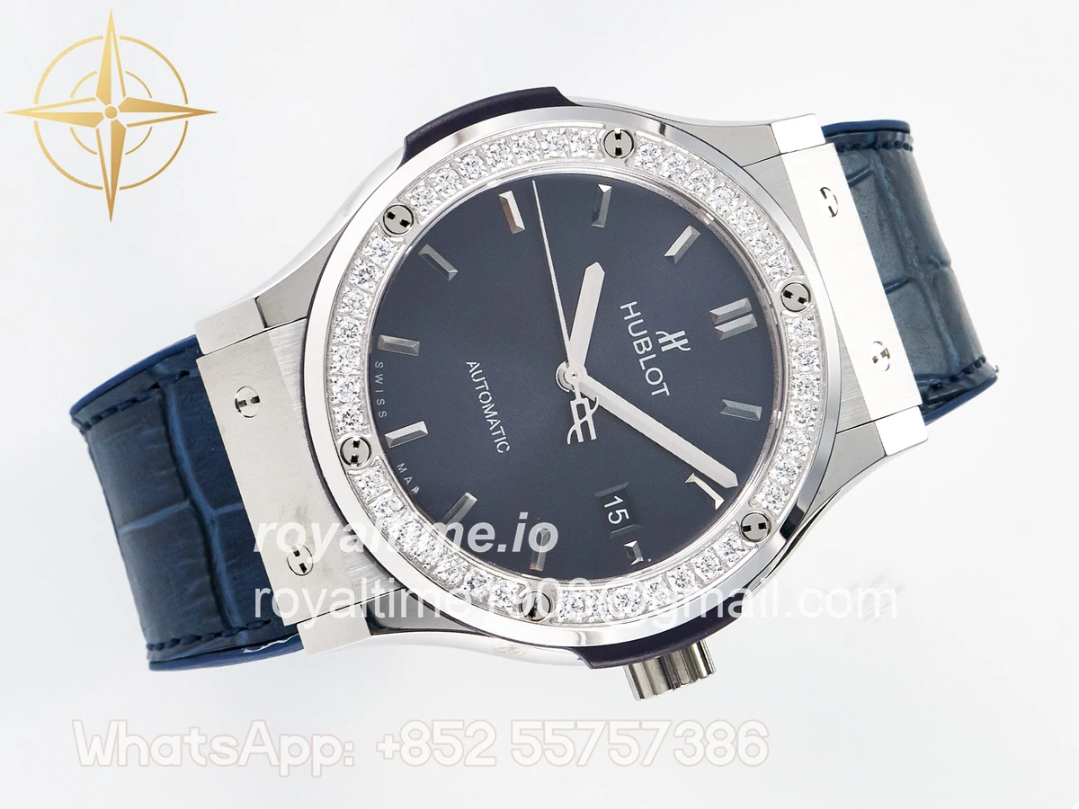 Hublot Classic Fusion Bang 42mm HBF Blue Dial Diamonds Bezel on Blue Leather Strap A2892 - Image 7