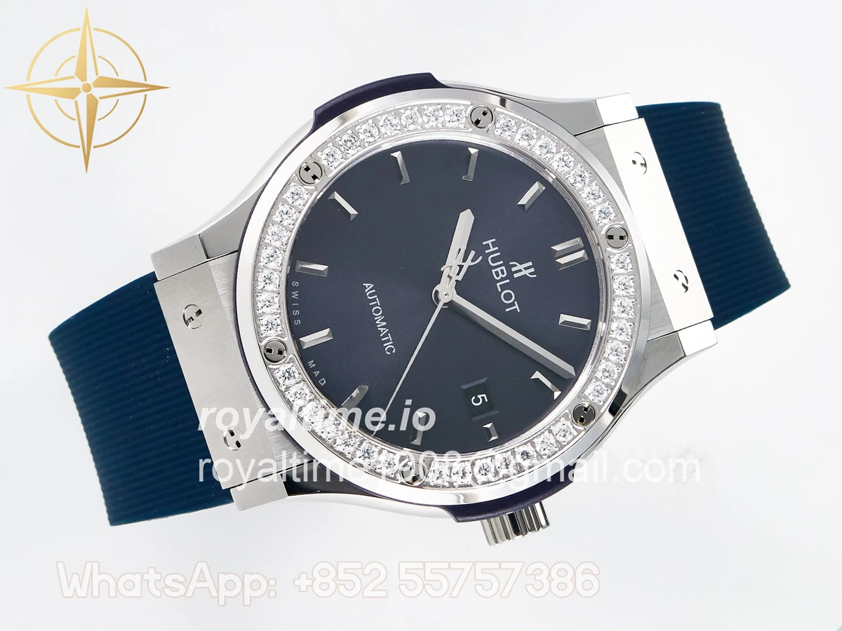 Hublot Classic Fusion Bang 42mm HBF Blue Dial Diamonds Bezel on Blue Rubber Strap A2892 - Image 7