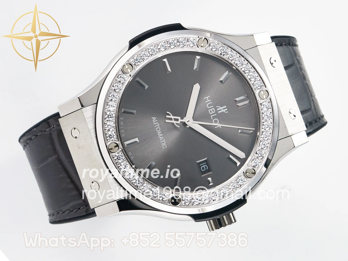 Hublot Classic Fusion Bang 42mm HBF Gray Dial Diamonds Bezel on Gray Leather Strap A2892 - Image 7