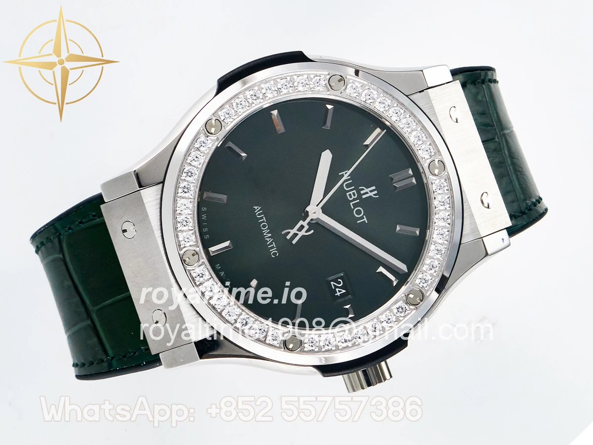 Hublot Classic Fusion Bang 42mm HBF Green Dial Diamonds Bezel on Green Leather Strap A2892 - Image 7