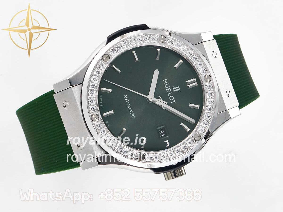 Hublot Classic Fusion Bang 42mm HBF Green Dial Diamonds Bezel on Green Rubber Strap A2892 - Image 7