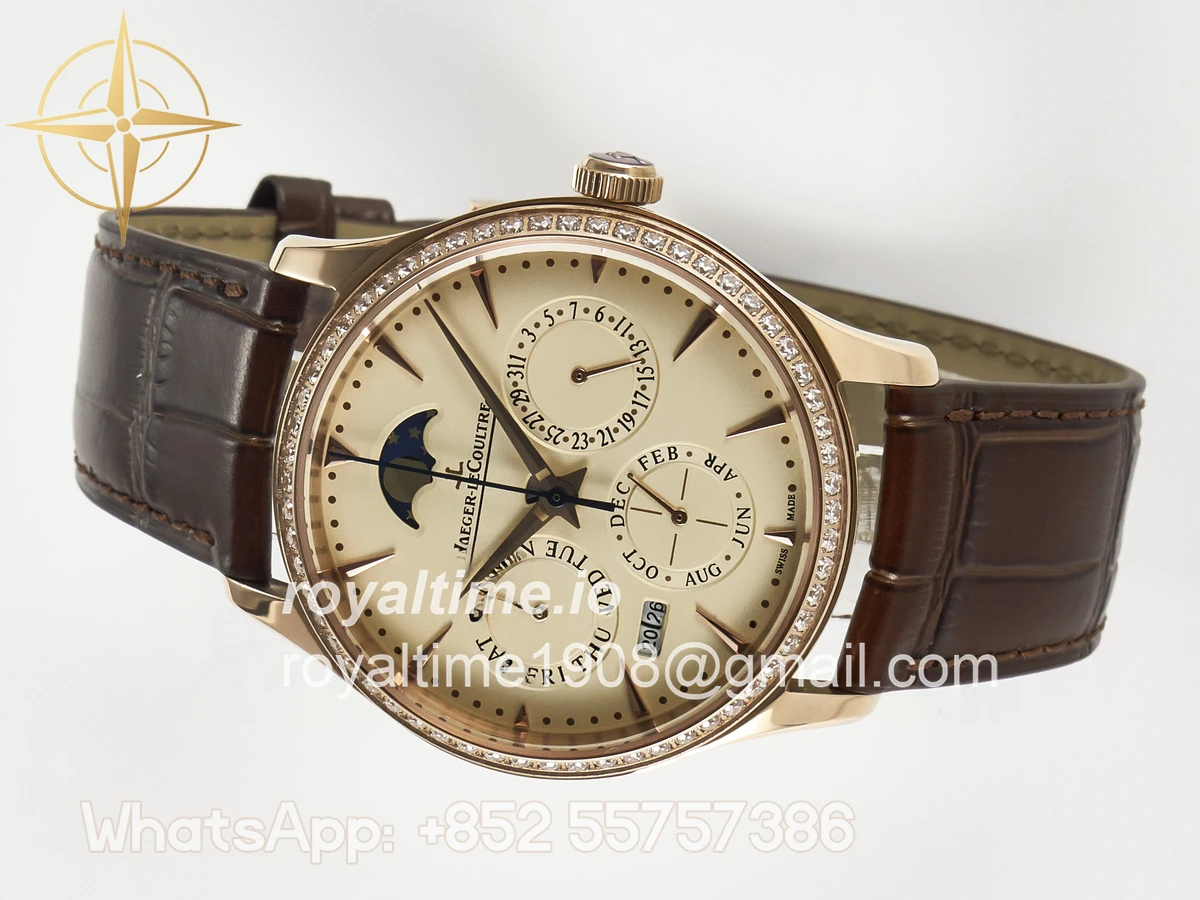 Jaeger-LeCoultre Master Ultra Thin Perpetual Calendar RG V9F Cream Dial Diamonds Bezel on Brown Leather Strap A868 V2 - Image 7