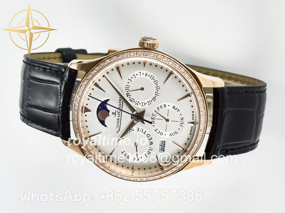 Jaeger-LeCoultre Master Ultra Thin Perpetual Calendar RG V9F White Dial Diamonds Bezel on Black Leather Strap A868 V2 - Image 7