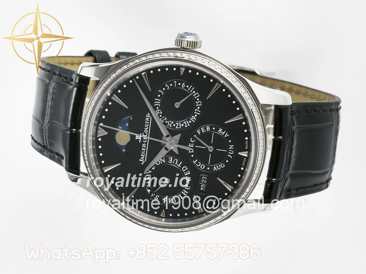 Jaeger-LeCoultre Master Ultra Thin Perpetual Calendar SS V9F Black Dial Diamonds Bezel on Black Leather Strap A868 V2 - Image 7