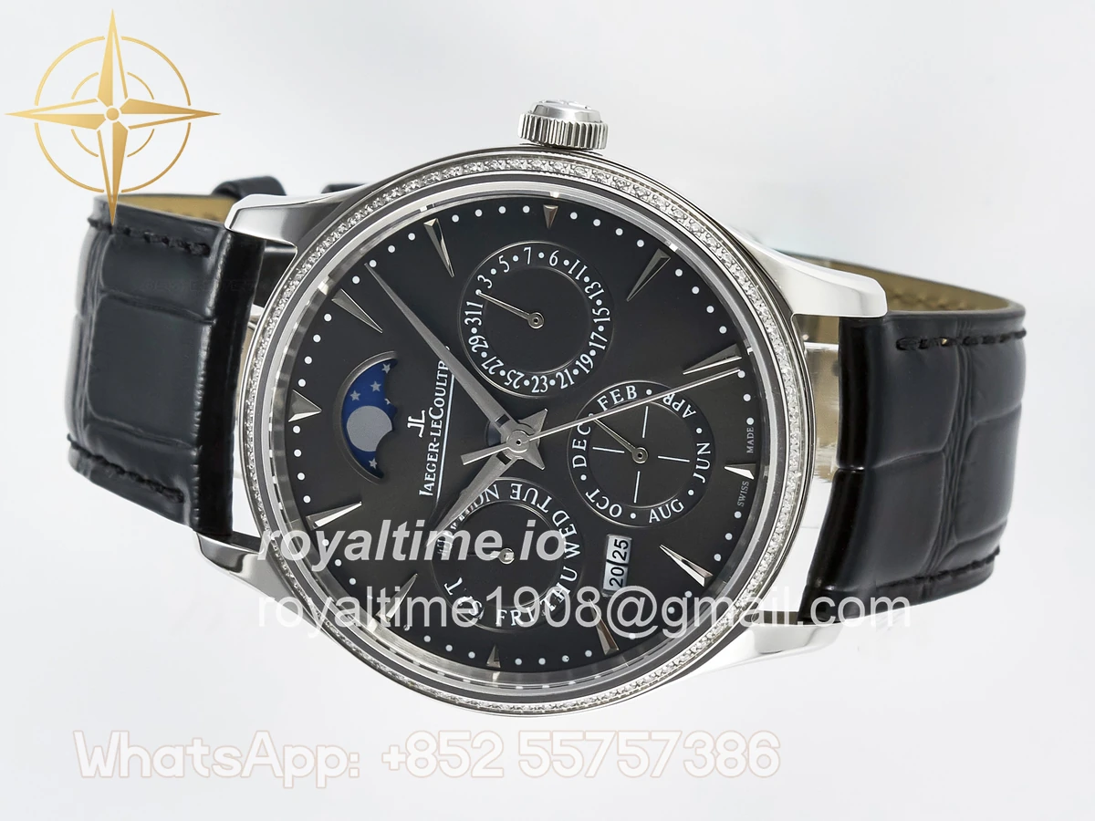 Jaeger-LeCoultre Master Ultra Thin Perpetual Calendar SS V9F Gray Dial Diamonds Bezel on Black Leather Strap A868 V2 - Image 7