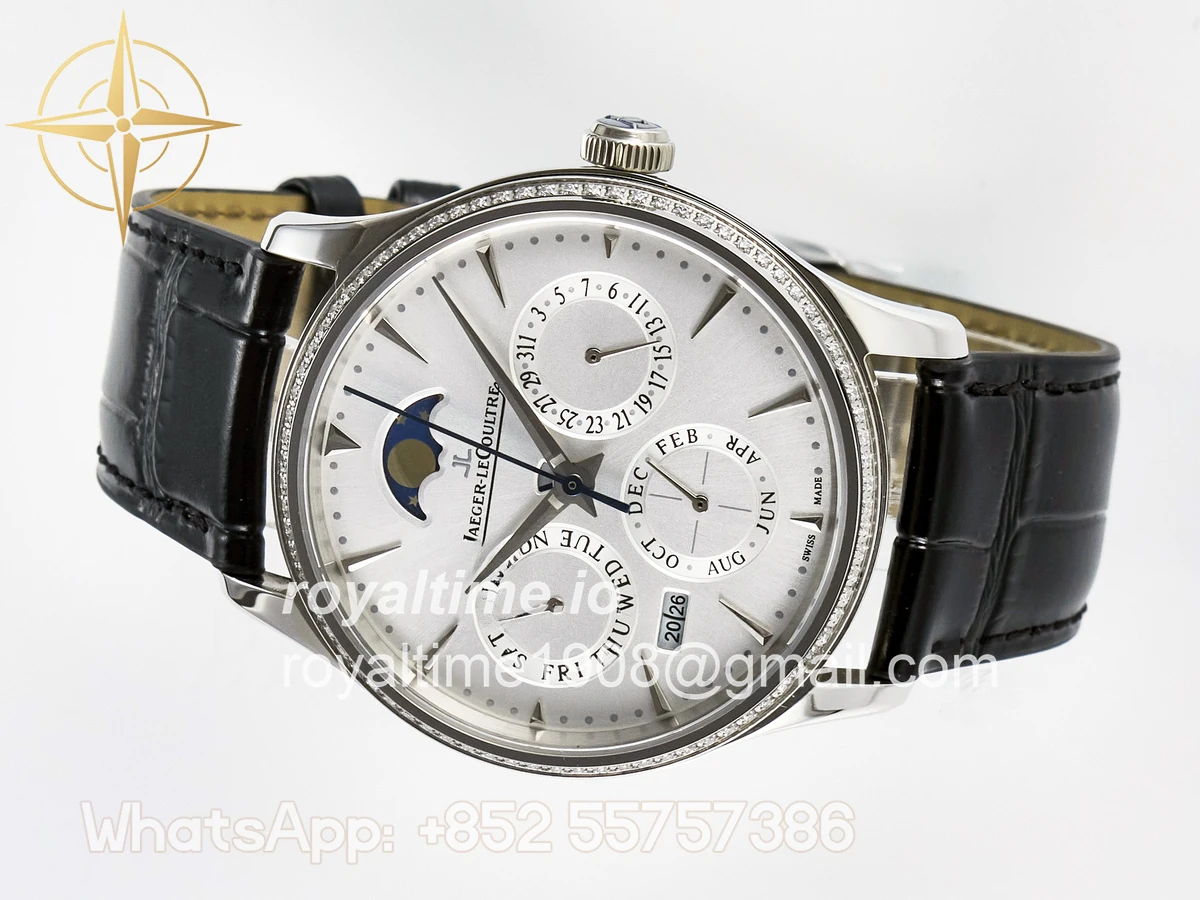 Jaeger-LeCoultre Master Ultra Thin Perpetual Calendar SS V9F White Dial Diamonds Bezel on Black Leather Strap A868 V2 - Image 7