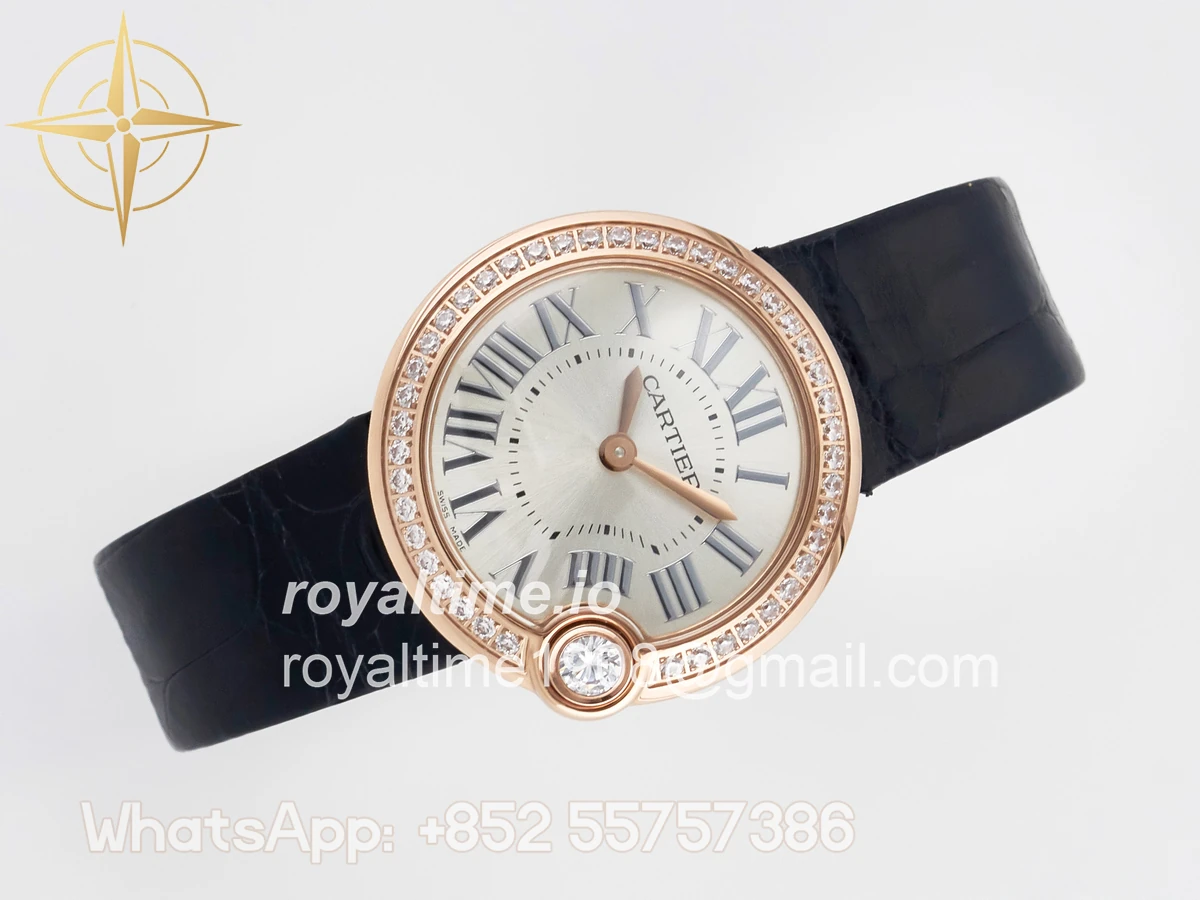 Cartier Ballon Blanc De Cartier 30mm RG DRF Silvered Texture Dial Diamonds Bezel on Black Leather Strap Ronda Quartz - Image 7