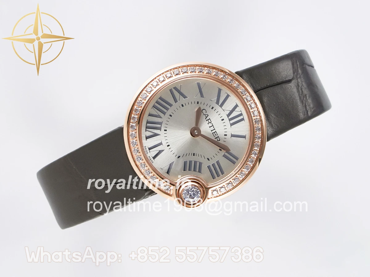 Cartier Ballon Blanc De Cartier 30mm RG DRF Silvered Texture Dial Diamonds Bezel on Green Leather Strap Ronda Quartz - Image 7