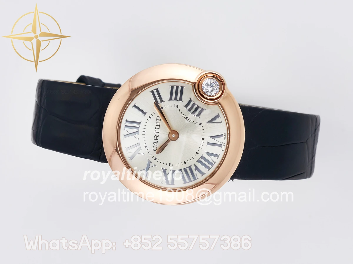 Cartier Ballon Blanc De Cartier 30mm RG DRF Silvered Texture Dial on Black Leather Strap Ronda Quartz - Image 7