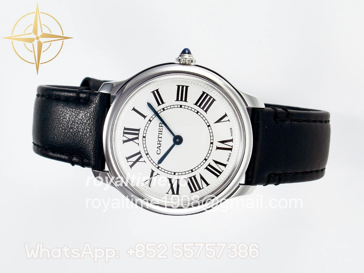 Cartier Ronde De Cartier 36mm DRF Sandblasted Silver-Plated White Dial on Black Leather Strap Ronda Quartz - Image 7