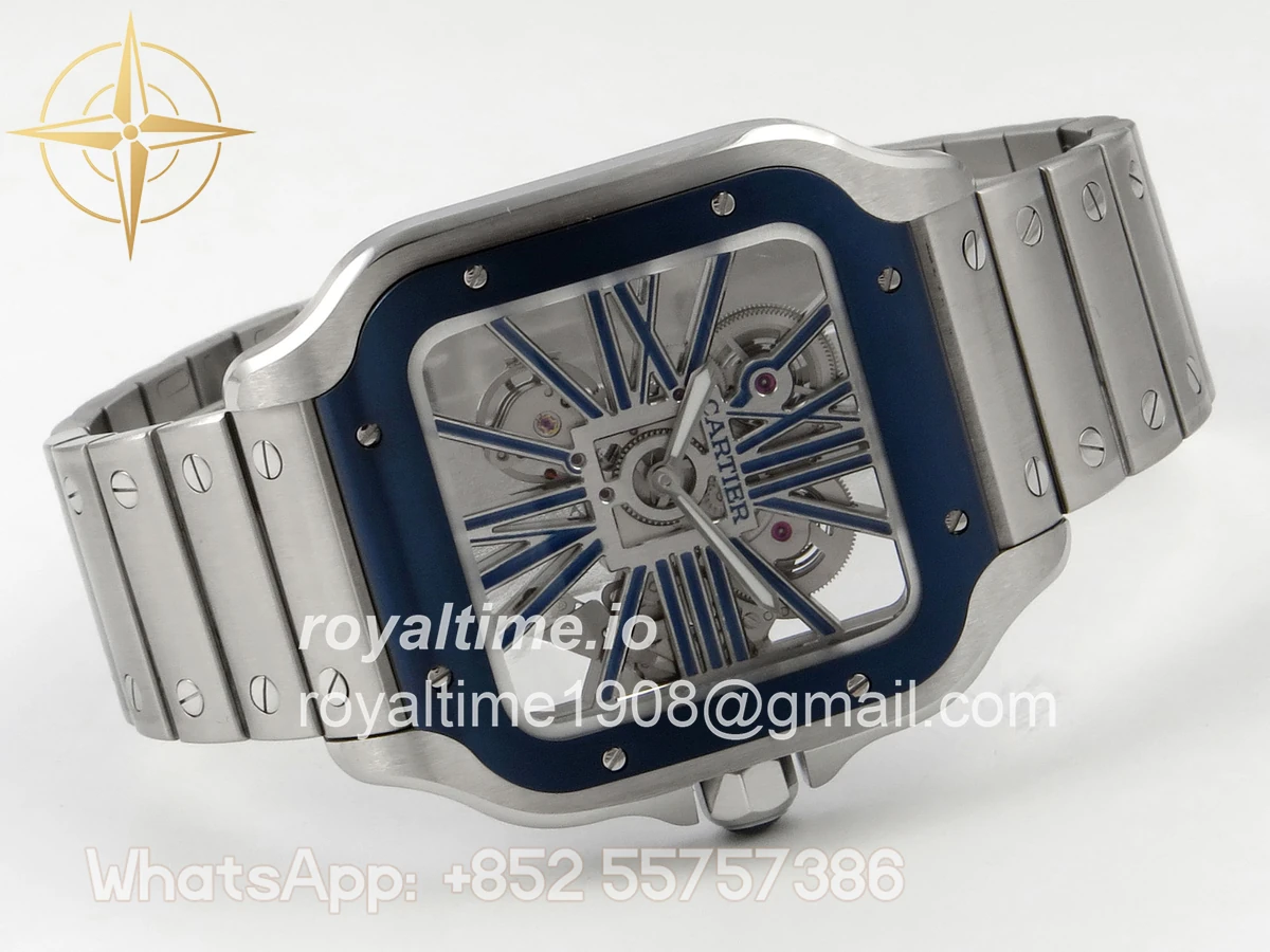 Cartier Santos de Cartier Skeleton SS MLF Skeleton Blue Skeleton Dial Blue Bezel on SS SmartLink Bracelet 9611MC - Image 7