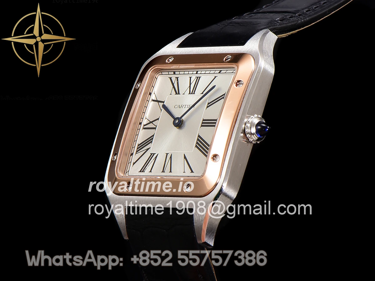 Cartier Santos-Dumont (Extra-Large) Silver Dial in Steel/Rose Gold on Black Leather Strap Ref. W2SA0017 - Image 7