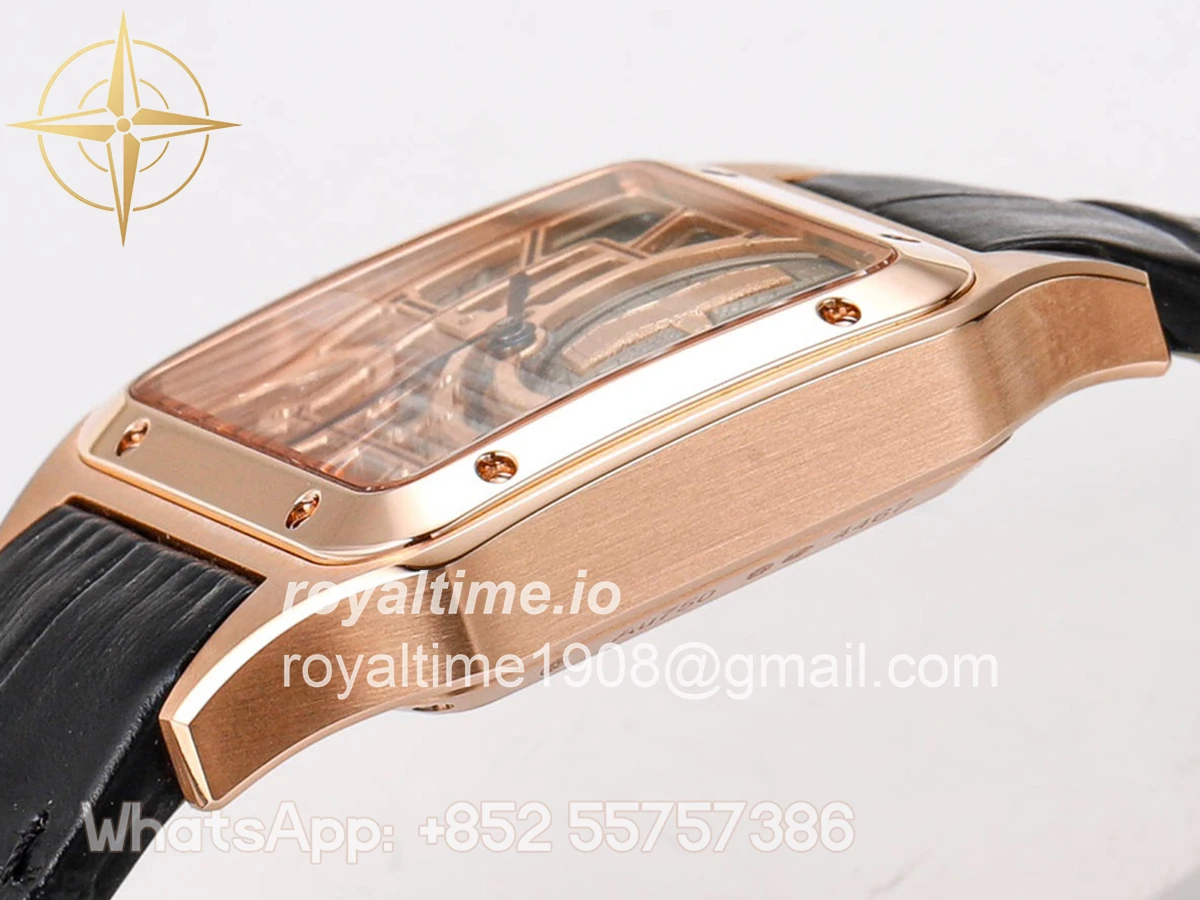Cartier Santos-Dumont (Large) Skeleton Watch in Rose Gold on Black Leather Strap - Image 7