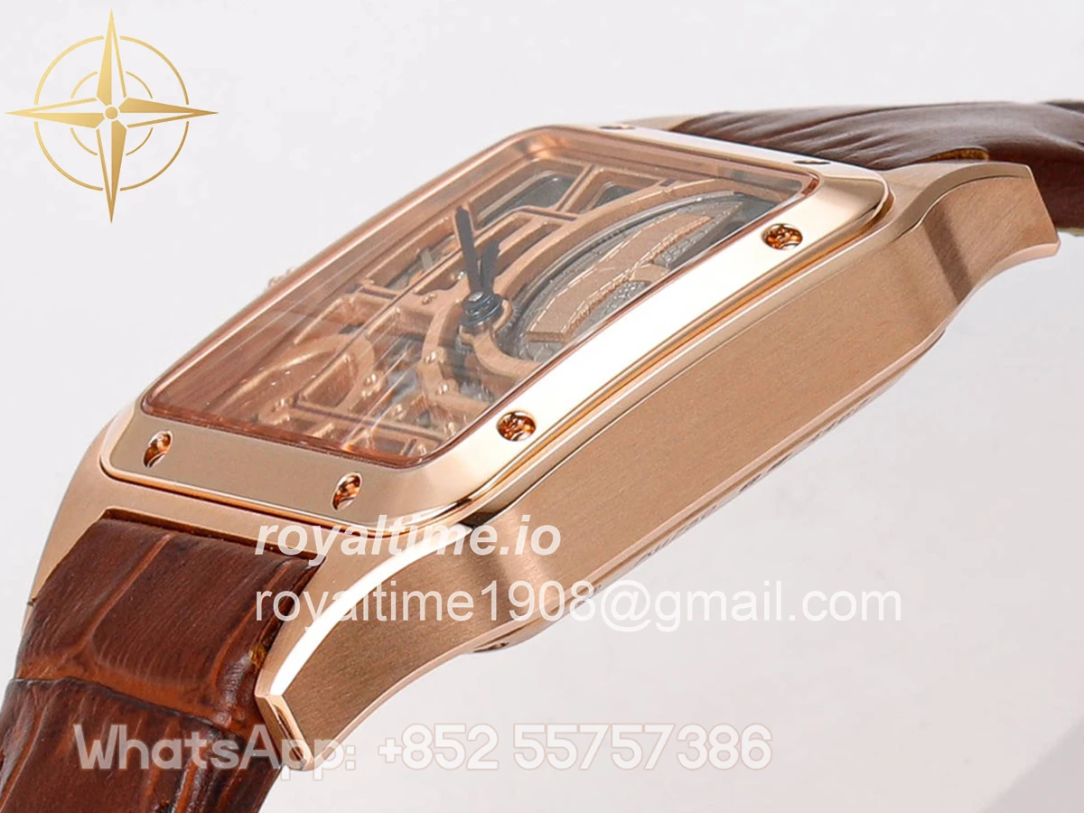 Cartier Santos-Dumont (Large) Skeleton Watch in Rose Gold on Brown Leather Strap - Image 7