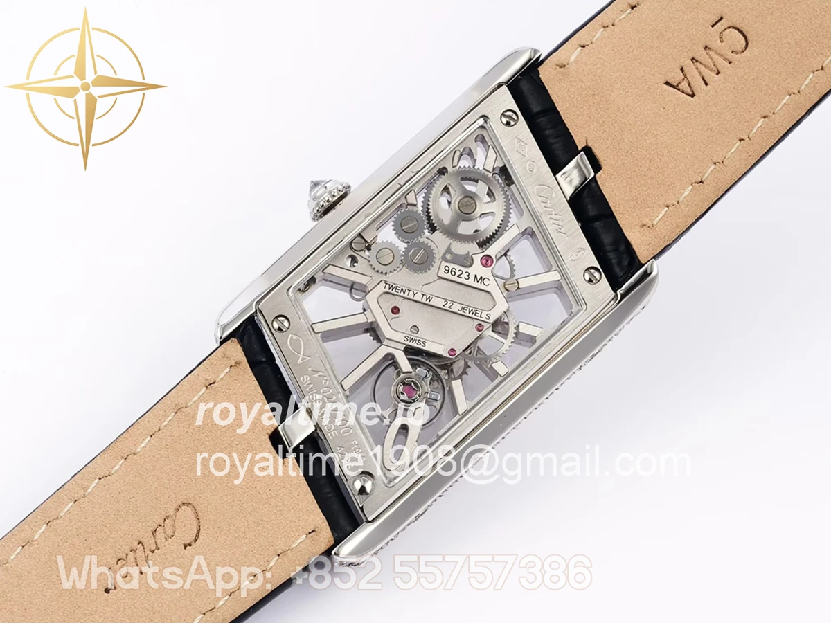 Cartier Tank Asymetrique Watch with Diamond Bezel on Steel in Black Leather Strap - Image 7