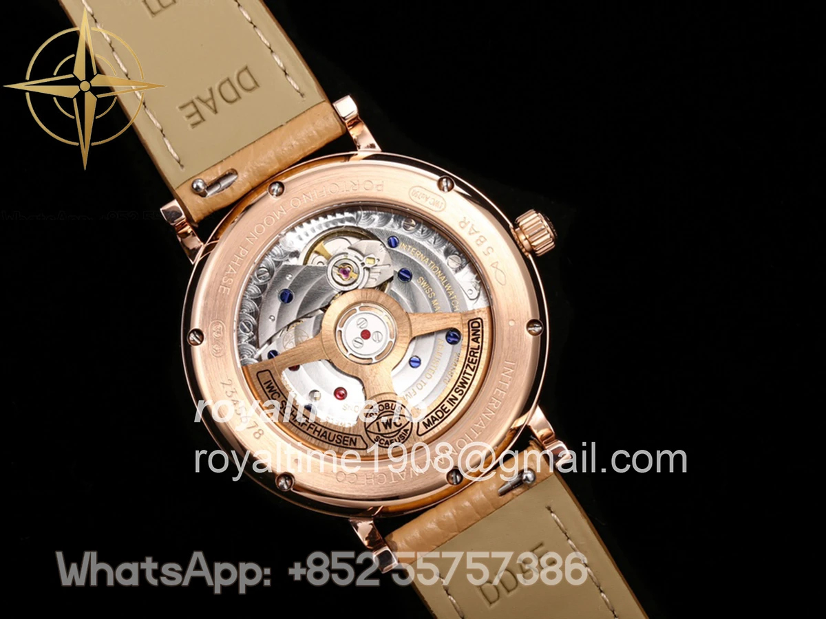 IWC Portofino IW6596 Automatic Moon Phase 37 Blue Dial in Rose Gold on Brown Leather Strap - Image 7