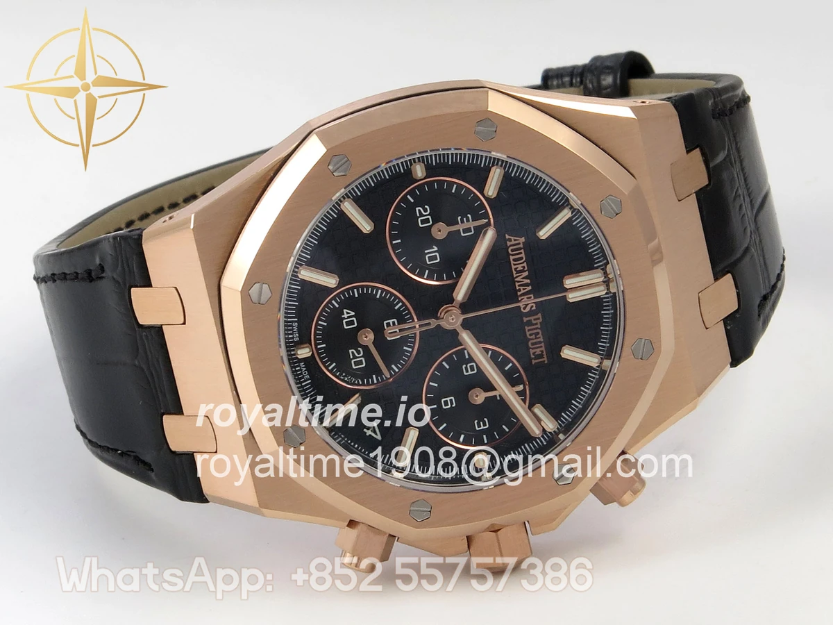 Audemars Piguet Royal Oak Chrono 26240 RG DDF Black Dial on Black Leather Strap DD4401 Gain Weight (SW Dial) - Image 7