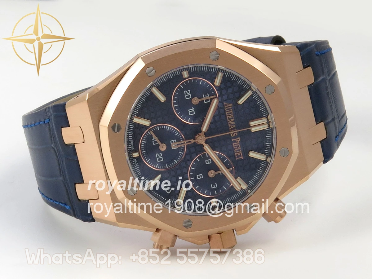Audemars Piguet Royal Oak Chrono 26240 RG DDF Blue Dial on Blue Leather Strap DD4401 Gain Weight (SW Dial) - Image 7
