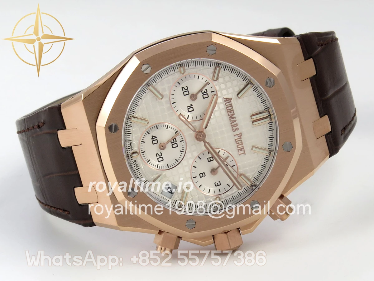 Audemars Piguet Royal Oak Chrono 26240 RG DDF White Dial on Brown Leather Strap DD4401 Gain Weight (SW Dial) - Image 7