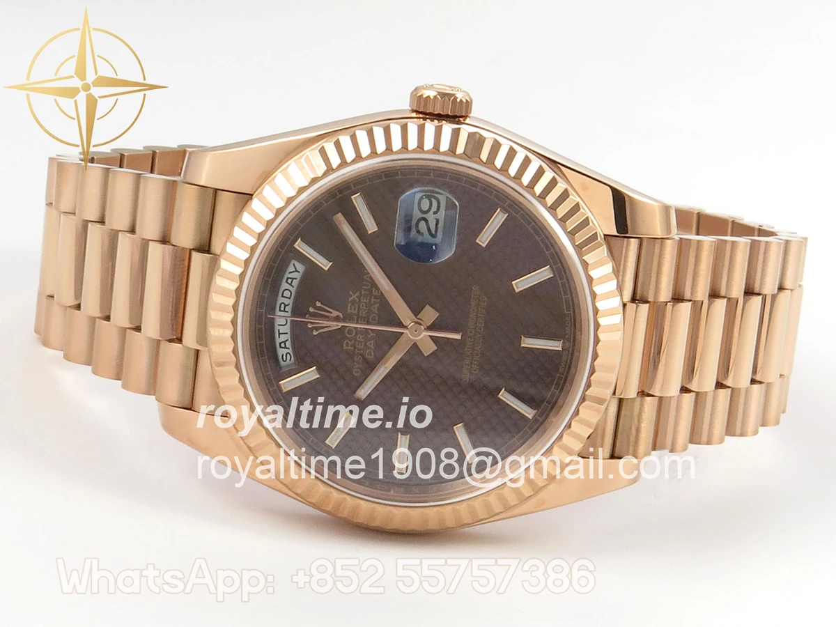 Rolex Day Date 40 RG TMF Brown Textured Stick Dial on President Bracelet VR3255 (Weighted) 208g - Image 8