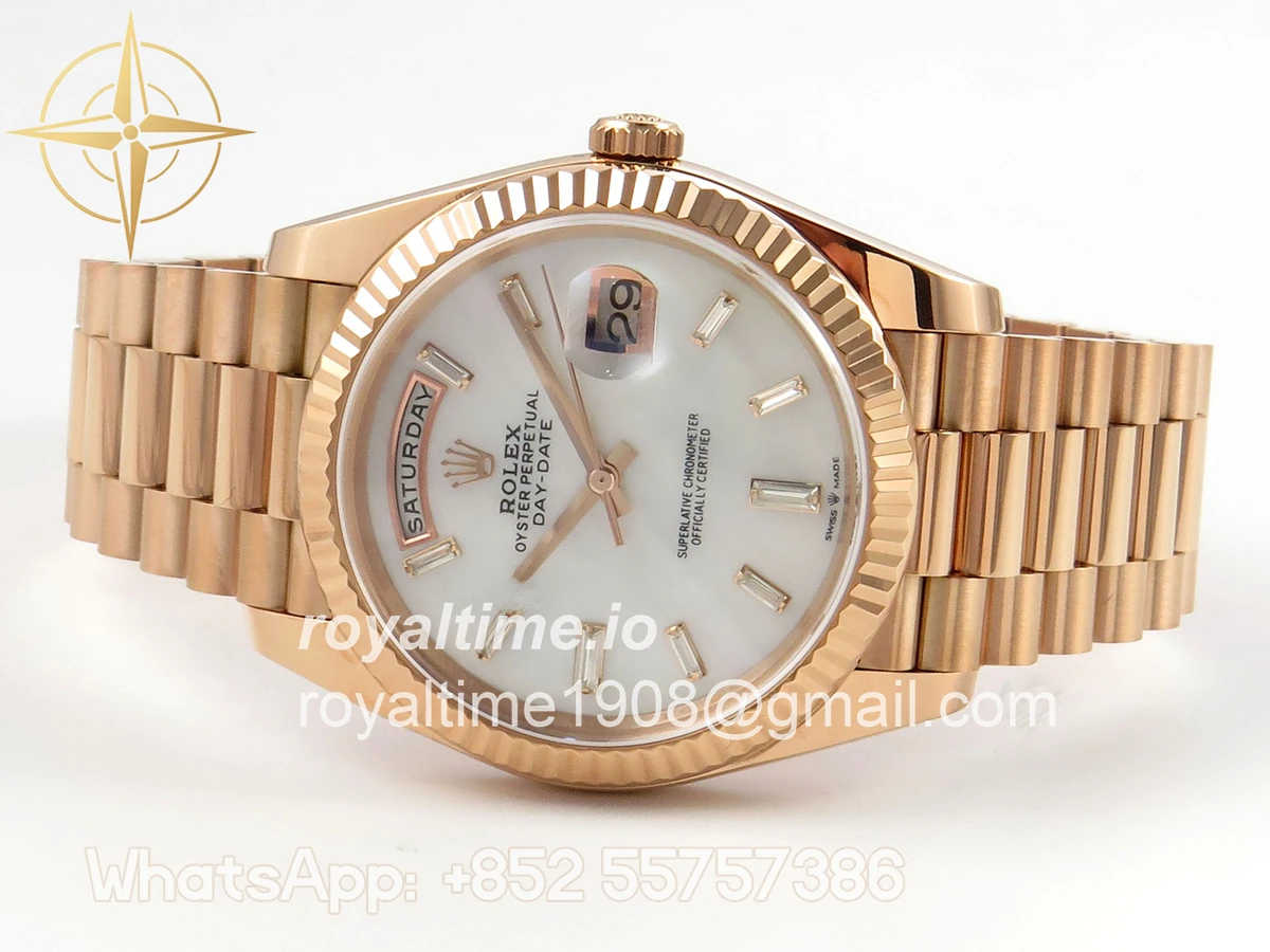 Rolex Day Date 40 RG TMF White MOP Diamonds Dial on President Bracelet VR3255 (Weighted) 208g - Image 8