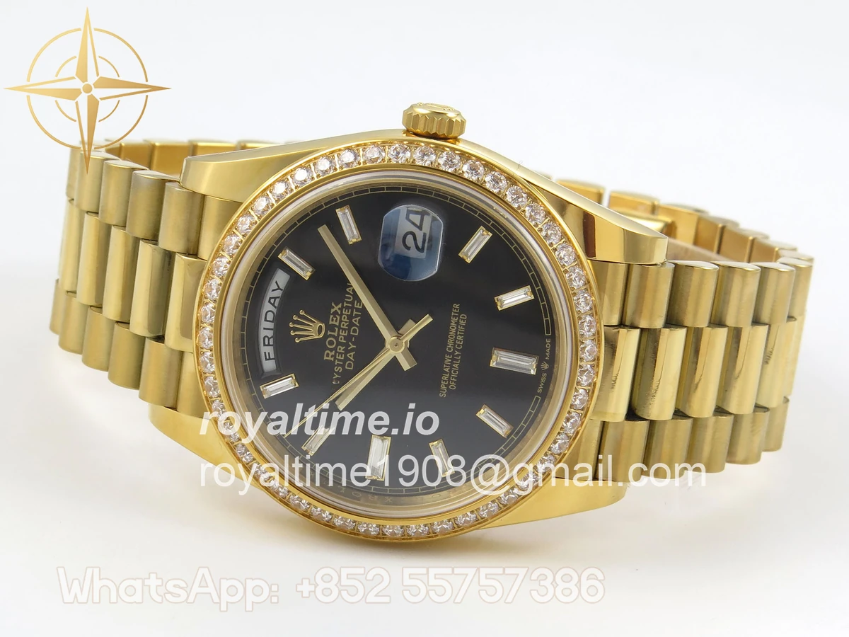 Rolex Day Date 40 YG TMF Black Crystal Dial Diamonds Bezel on President Bracelet VR3255 (220g) - Image 8