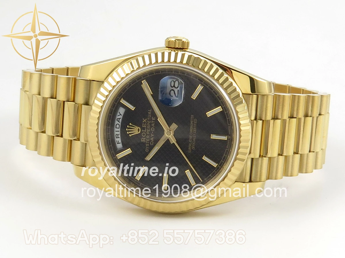 Rolex Day Date 40 YG TMF Black Textured Stick Dial on President Bracelet VR3255 - Image 8