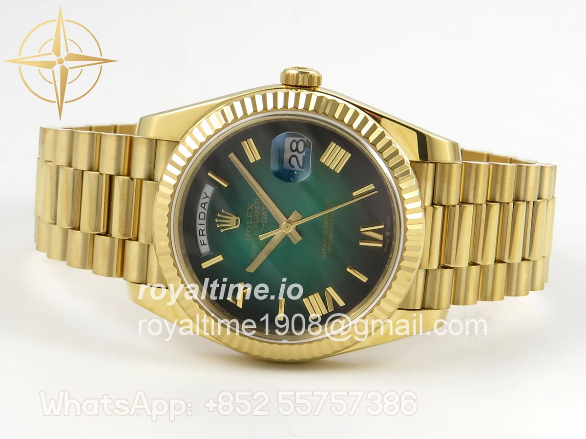 Rolex Day Date 40 YG TMF Green Ombre Roman Dial on President Bracelet VR3255 (Weighted) 208g - Image 8