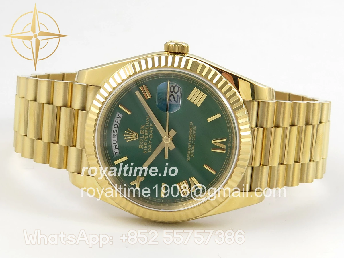Rolex Day Date 40 YG TMF Green Roman Dial on President Bracelet VR3255 (Weighted) 208g - Image 8