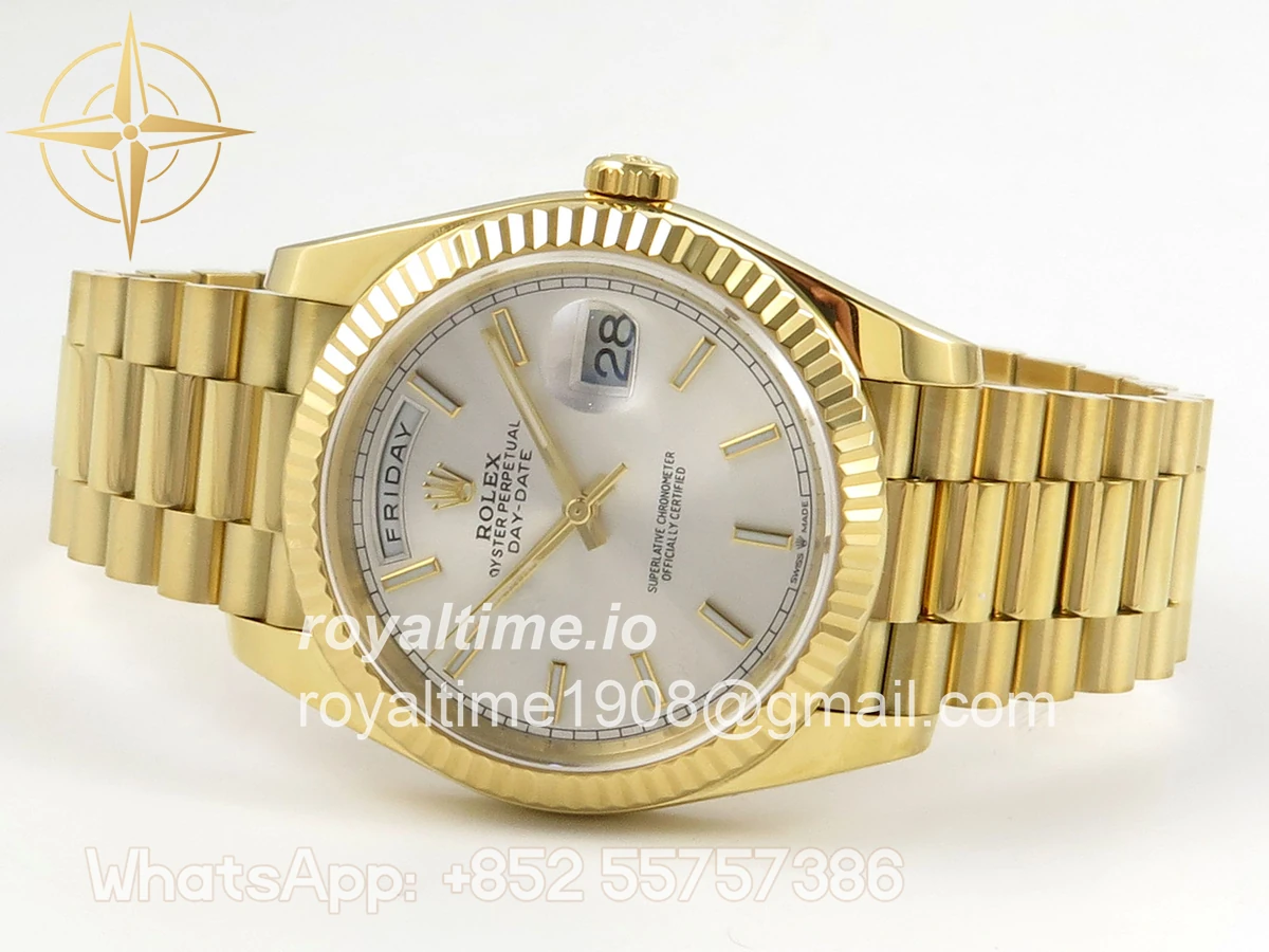 Rolex Day Date 40 YG TMF Silver Stick Dial on President Bracelet VR3255 (Weighted) 208g - Image 8
