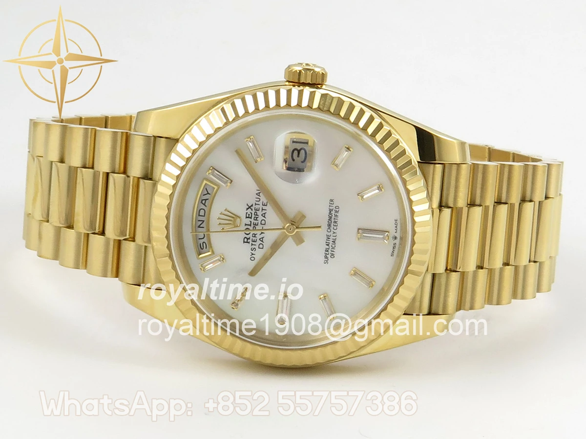 Rolex Day Date 40 YG TMF White MOP Diamonds Dial on President Bracelet VR3255 (Weighted) 208g - Image 8