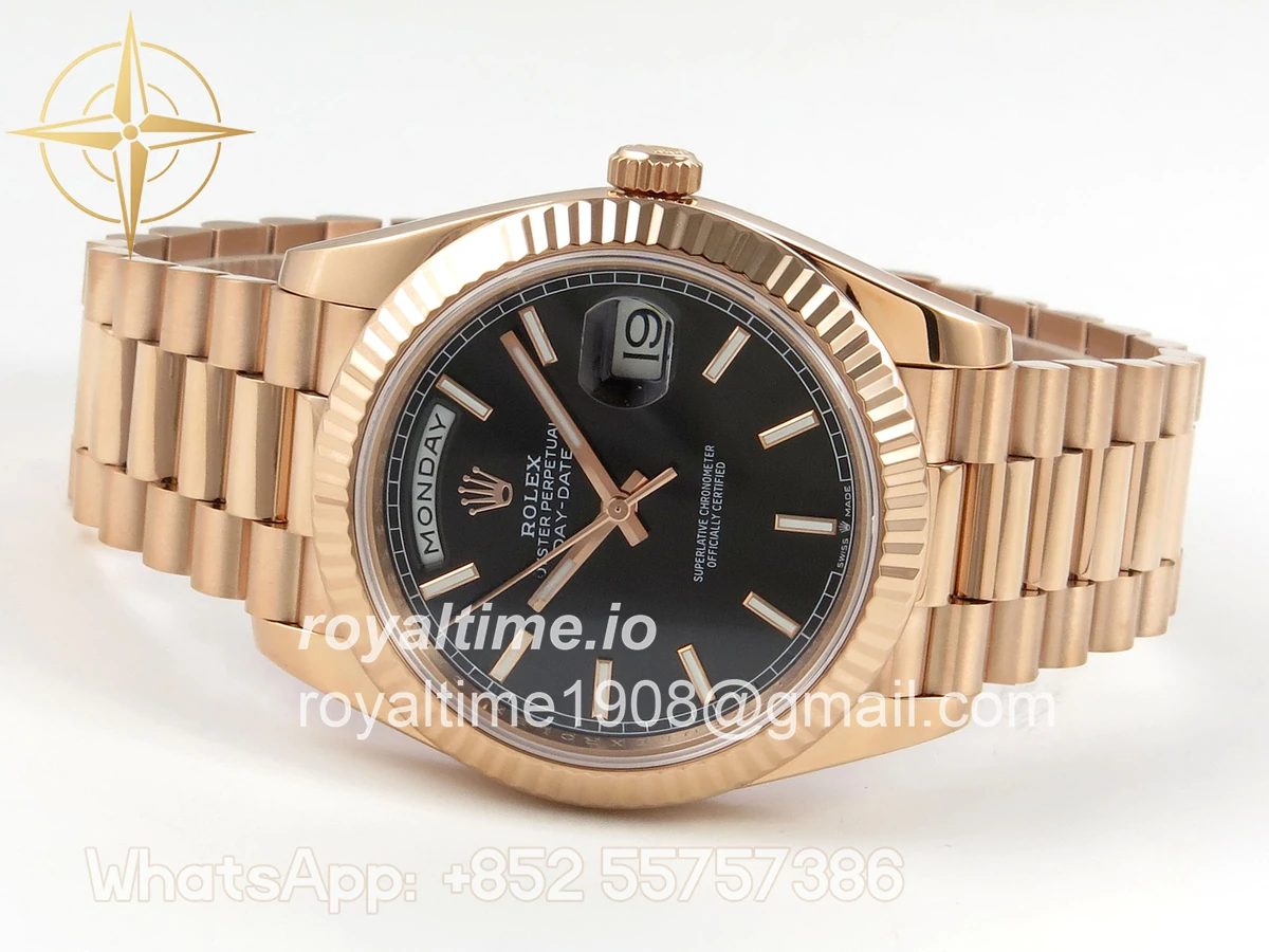 Rolex DayDate 40 RG QF 904L Steel Black Stick Dial on President Bracelet VR3255 V8 (Gain Weight) - Image 8