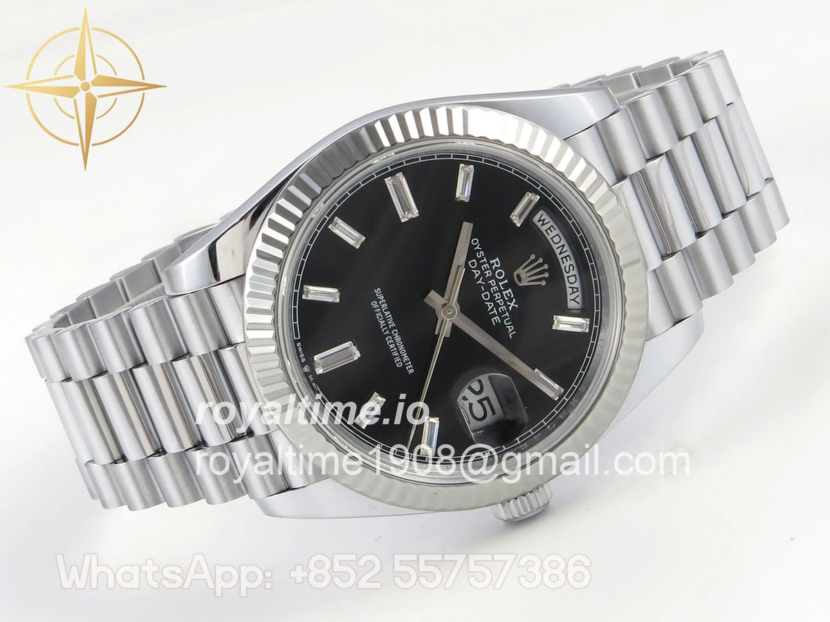 Rolex DayDate 40 SS QF 904L Steel Black Crystal Dial on President Bracelet VR3255 V8 (Gain Weight) - Image 8