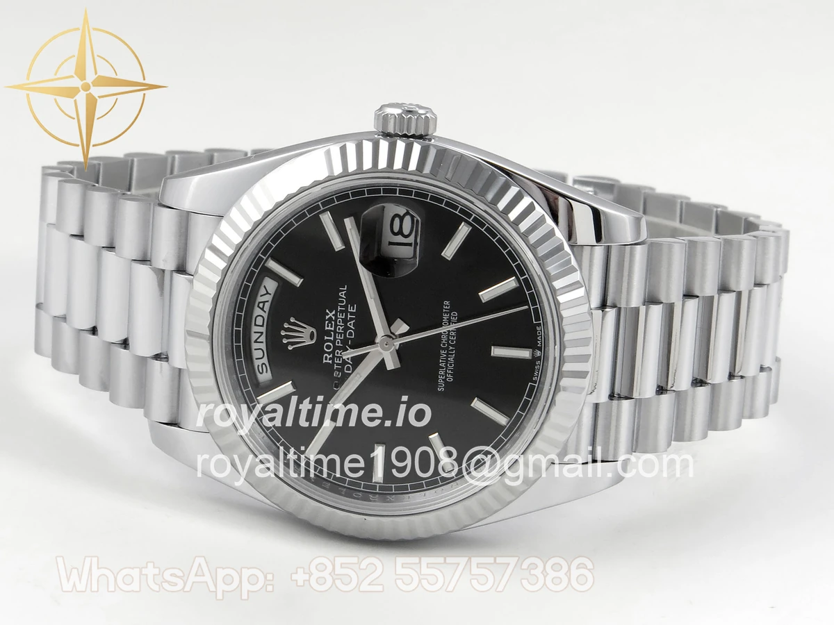 Rolex DayDate 40 SS QF 904L Steel Black Stick Dial on President Bracelet VR3255 V8 (Gain Weight) - Image 8