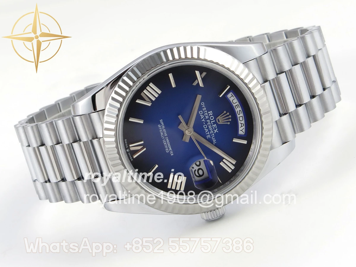 Rolex DayDate 40 SS QF 904L Steel Blue Ombre Roman Dial on President Bracelet VR3255 V8 (Gain Weight) - Image 8