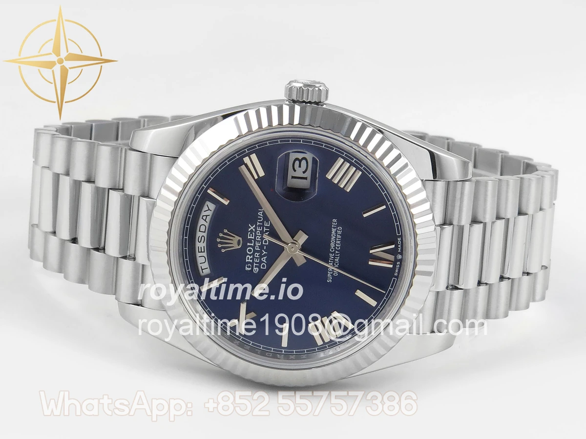 Rolex DayDate 40 SS QF 904L Steel Blue Roman Dial on President Bracelet VR3255 V8 (Gain Weight) - Image 8