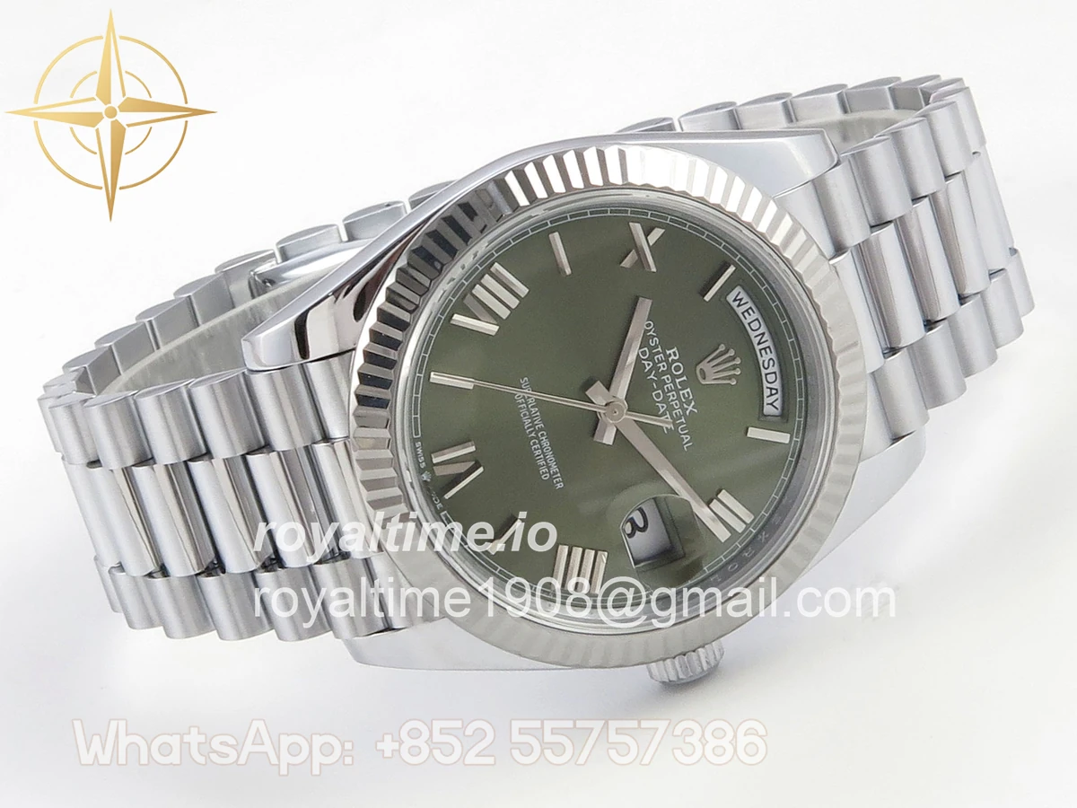 Rolex DayDate 40 SS QF 904L Steel Green Roman Dial on President Bracelet VR3255 V8 (Gain Weight) - Image 8