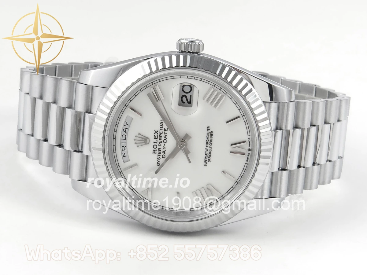 Rolex DayDate 40 SS QF 904L Steel White Roman Dial on President Bracelet VR3255 V8 (Gain Weight) - Image 8