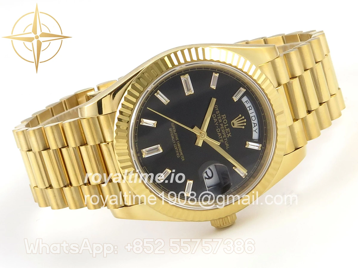 Rolex DayDate 40 YG QF 904L Steel Black Crystal Dial on President Bracelet VR3255 V8 (Gain Weight) - Image 8