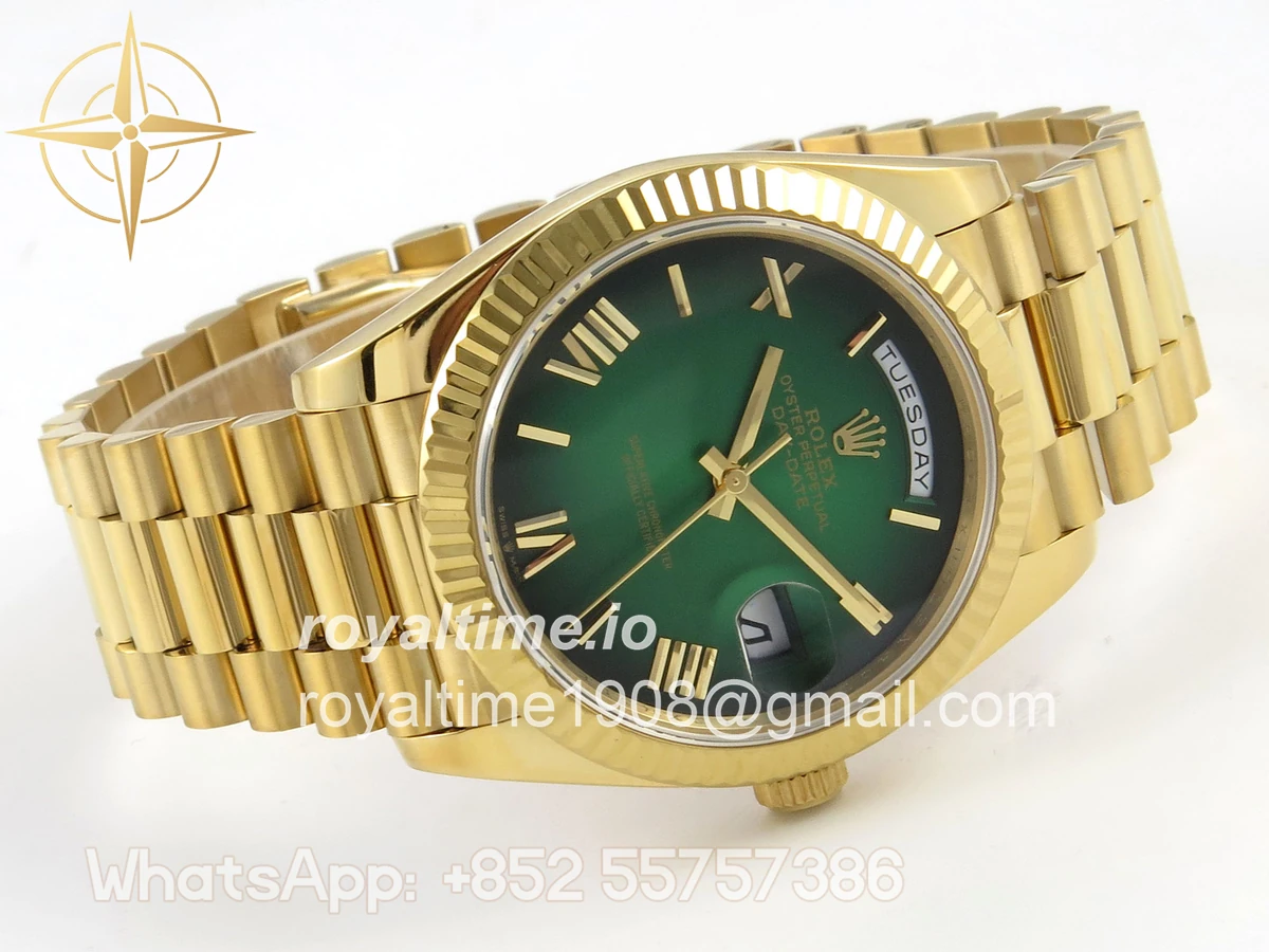 Rolex DayDate 40 YG QF 904L Steel Green Ombre Roman Dial on President Bracelet VR3255 V8 (Gain Weight) - Image 8