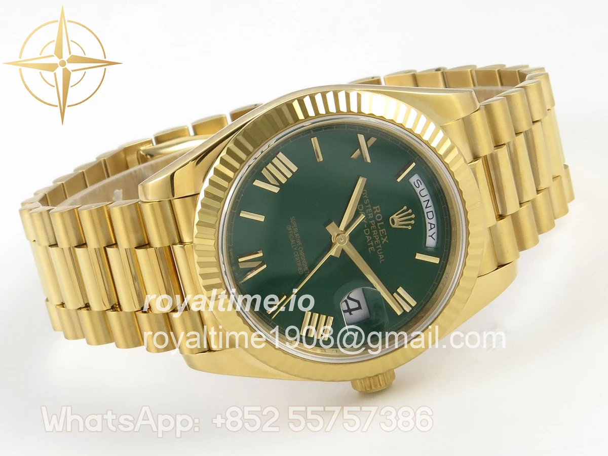 Rolex DayDate 40 YG QF 904L Steel Green Roman Dial on President Bracelet VR3255 V8 (Gain Weight) - Image 8
