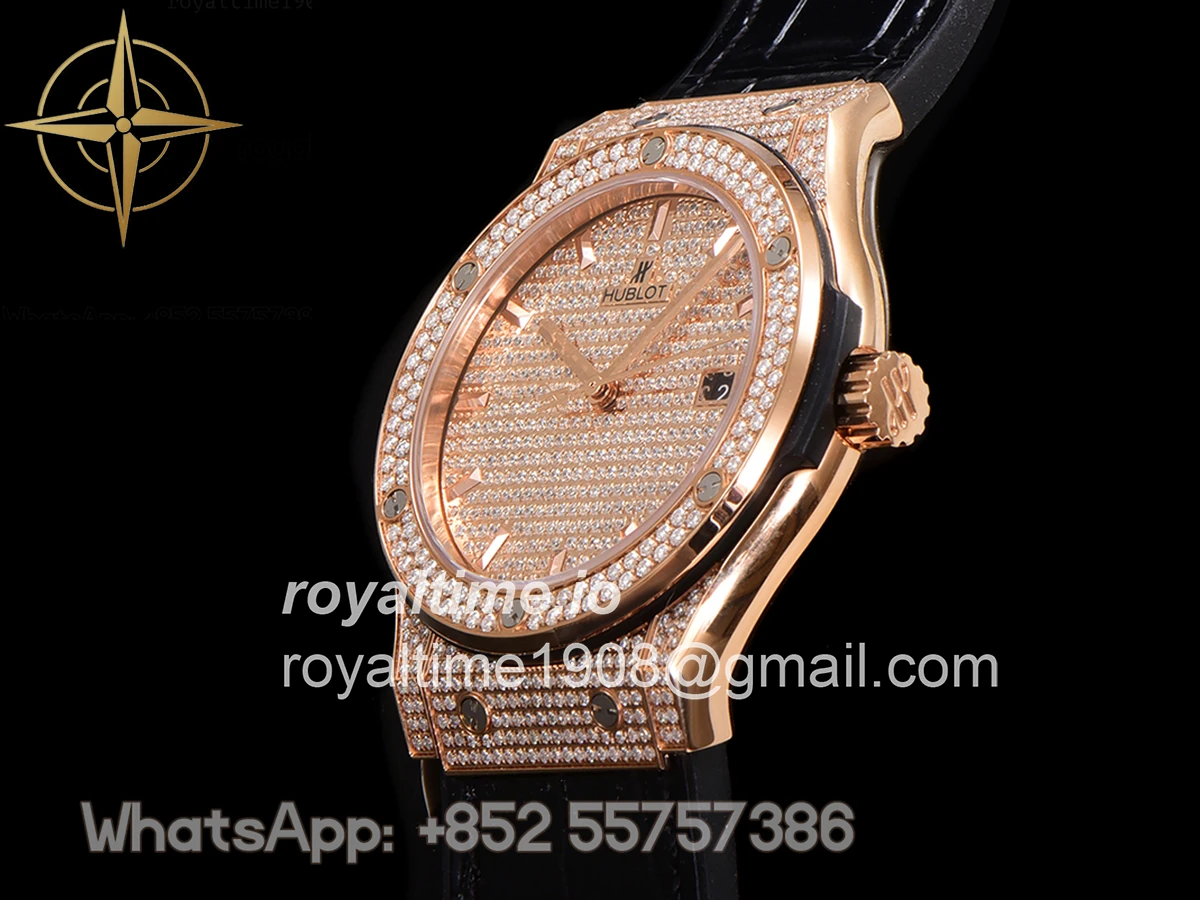 Hublot Classic Fusion Automatic 42mm Diamond Paved Dial in Rose Gold on Black Leather Strap - Image 8