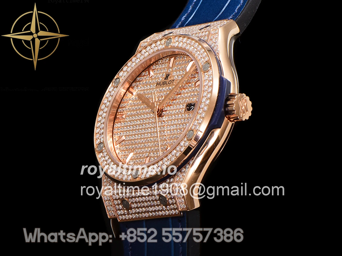 Hublot Classic Fusion Automatic 42mm Diamond Paved Dial in Rose Gold on Blue Leather Strap - Image 8