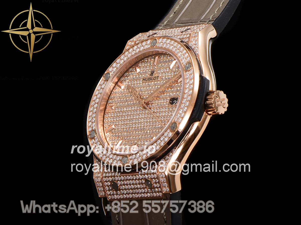 Hublot Classic Fusion Automatic 42mm Diamond Paved Dial in Rose Gold on Brown Leather Strap - Image 8