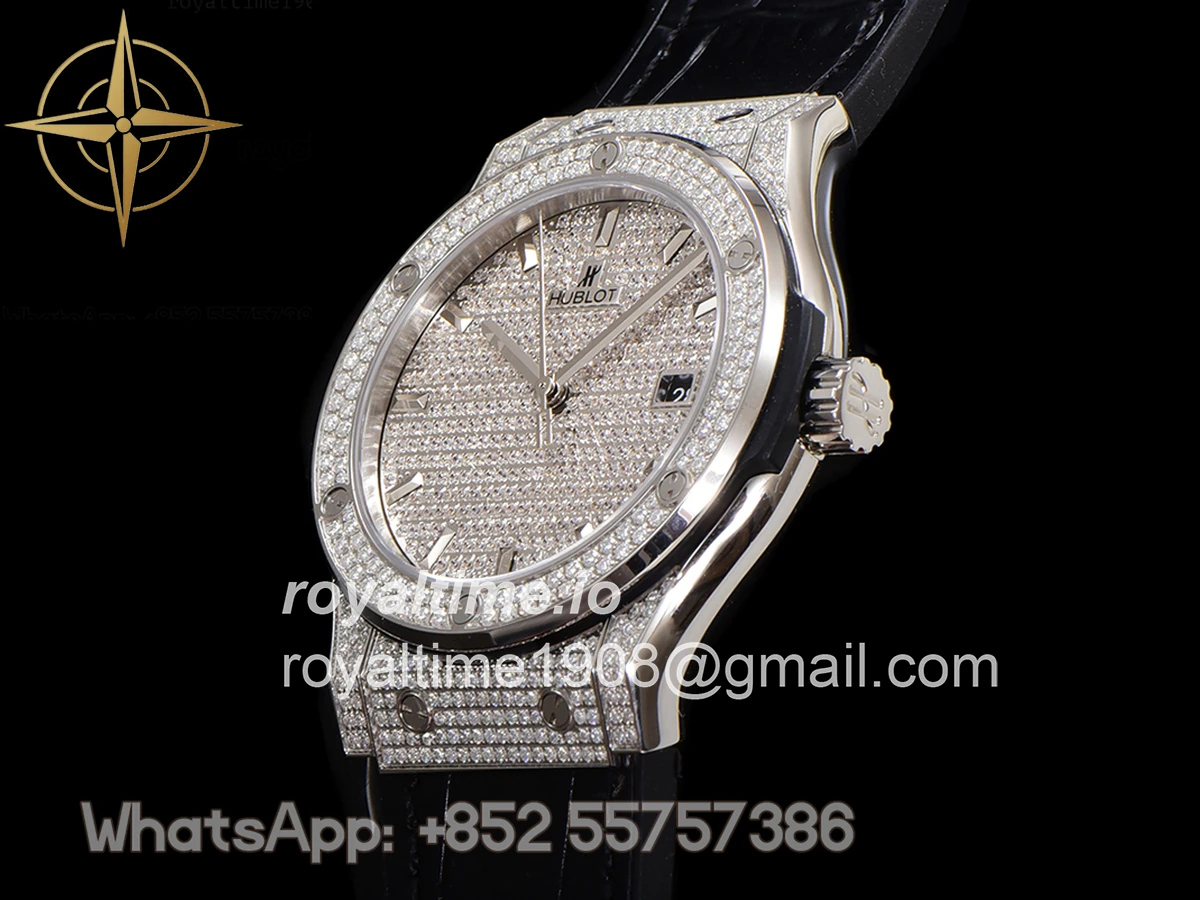 Hublot Classic Fusion Automatic 42mm Diamond Paved Dial in Steel on Black Leather Strap - Image 8