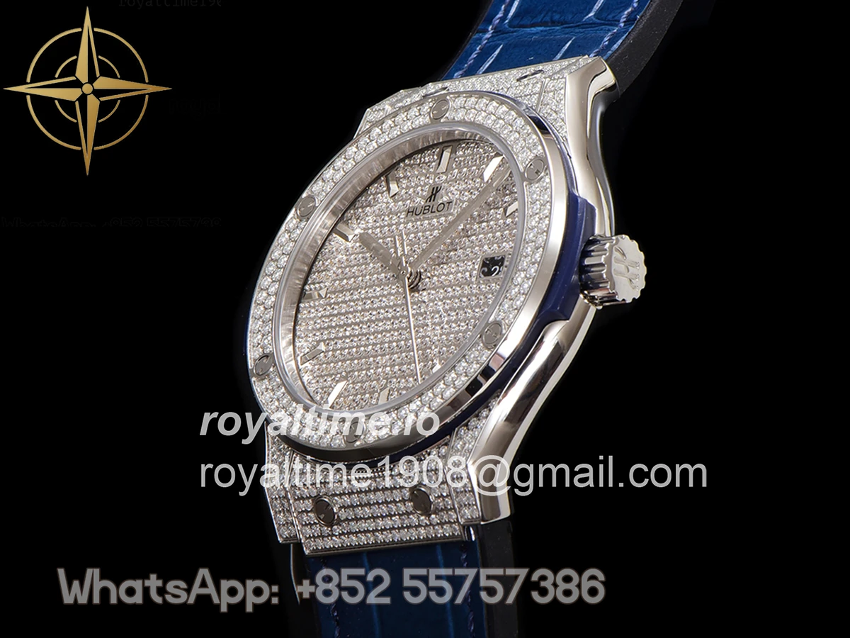 Hublot Classic Fusion Automatic 42mm Diamond Paved Dial in Steel on Blue Leather Strap - Image 8