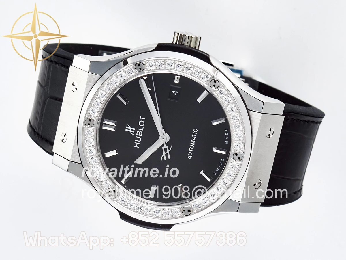 Hublot Classic Fusion Bang 42mm HBF Black Dial Diamonds Bezel on Black Leather Strap A2892 - Image 8